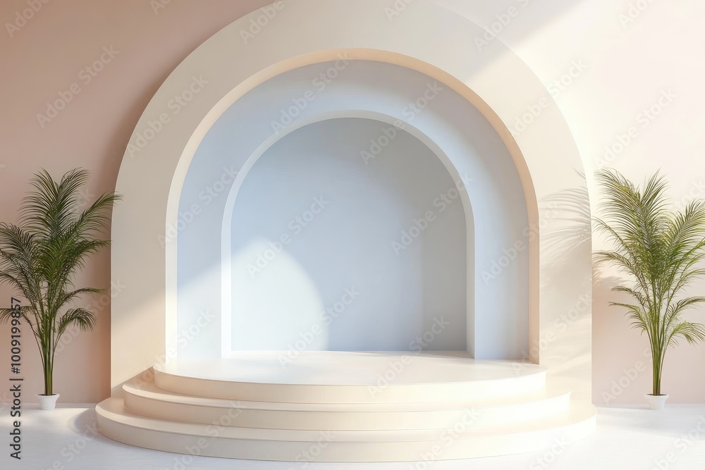 Fototapeta premium Minimal Podium Stage Mockup Design Featuring a Clear Circle in Pale Blue, Bright White, and Warm Tan Colors