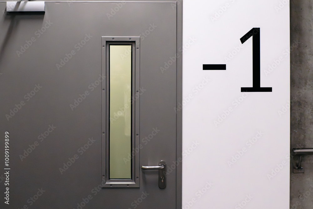 Office park lot exit door minus one floor basement. Residential building entrance. Office park lot exit door minus one floor basement. Residential building entrance.