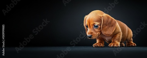 Cute brown dachshund puppy with big blue eyes looking down. photo