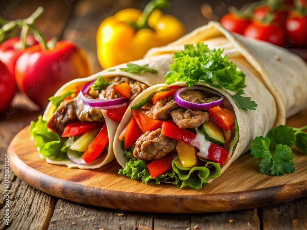 Delicious Middle Eastern Shaorma Wrapped in Pita Bread with Fresh Vegetables and Sauce Drizzles Delicious Middle Eastern Shaorma Wrapped in Pita Bread with Fresh Vegetables and Sauce Drizzles