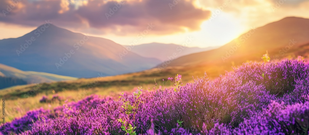 Purple Flowers Blooming in the Mountains at Sunset Purple Flowers Blooming in the Mountains at Sunset