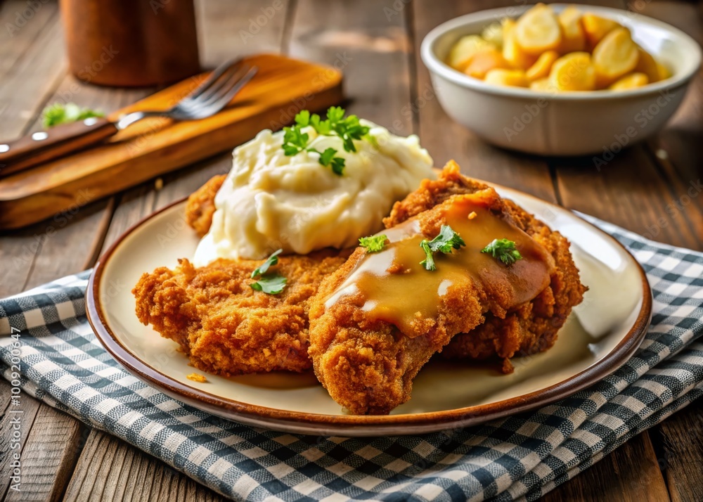 Delicious Plate of Fried Chicken with Creamy Mashed Potatoes and Rich Gravy for Comfort Food Lovers Delicious Plate of Fried Chicken with Creamy Mashed Potatoes and Rich Gravy for Comfort Food Lovers