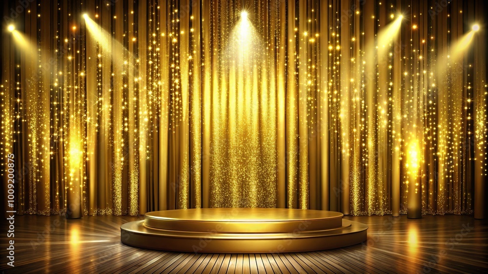 Empty show podium with gold curtains and spotlights Empty show podium with gold curtains and spotlights