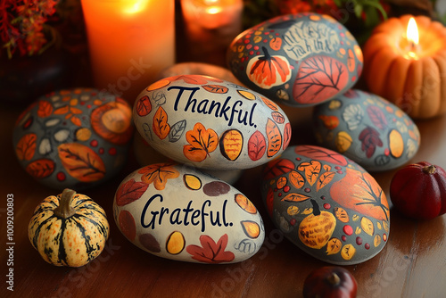 Set of smooth rocks hand-painted with autumn designs and gratitude messages like 