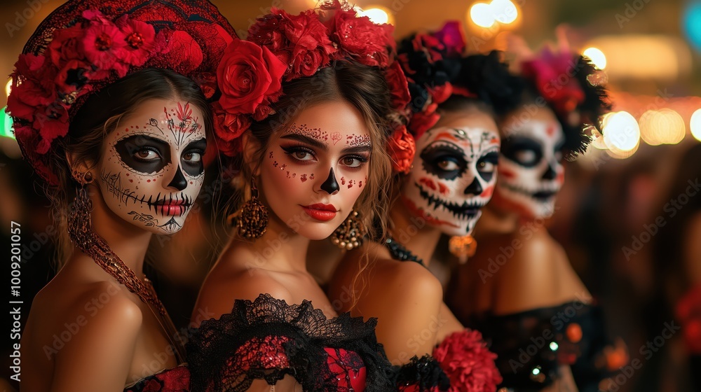 Obraz premium Festive women with Day of the Dead face paint, adorned with roses and traditional clothing.