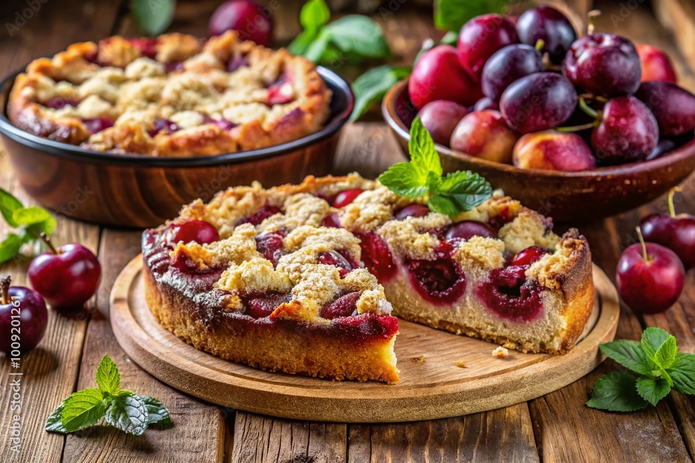Delicious Streusel Pflaumenkuchen with Fresh Plums and Crumbly Topping on a Rustic Wooden Table Delicious Streusel Pflaumenkuchen with Fresh Plums and Crumbly Topping on a Rustic Wooden Table