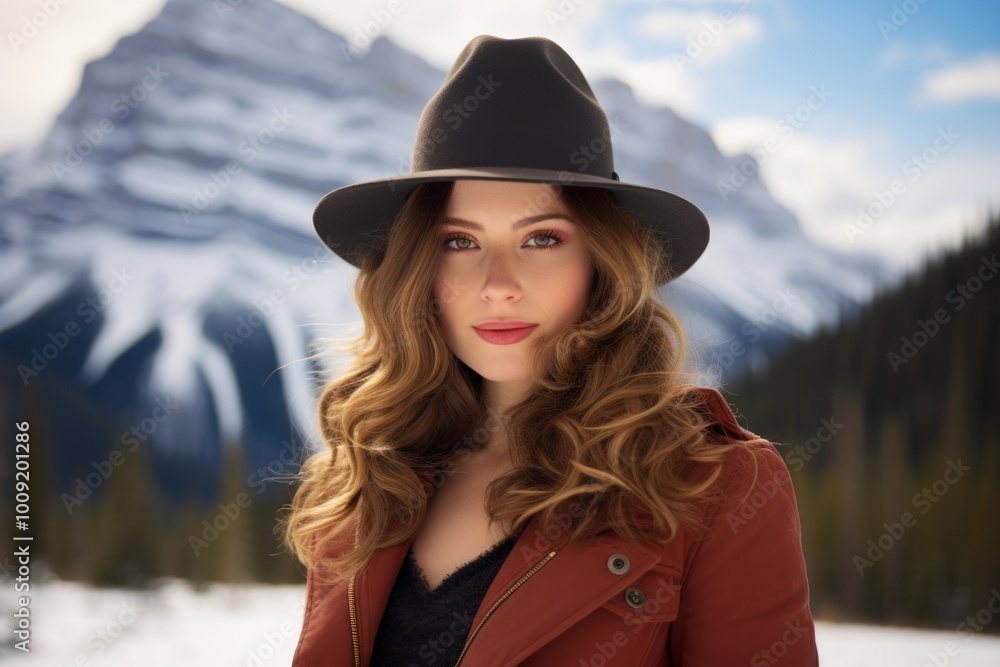 Portrait of a satisfied woman in her 30s donning a classic fedora over snowy mountain range Portrait of a satisfied woman in her 30s donning a classic fedora over snowy mountain range