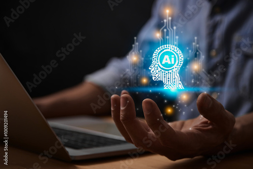 Blue Ai Artificial Intelligence Technology Hud Head Concept. Hud and Circuit Line Ai Artificial Intelligence Icon on Businessman's Hand work With Laptop Computer