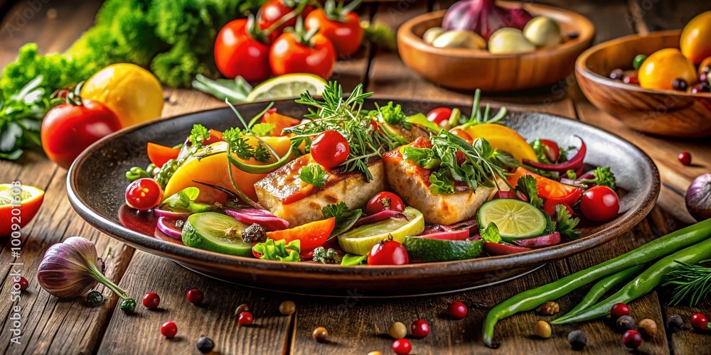 Delicious Tallarin Dish Garnished with Fresh Vegetables and Herbs on a Rustic Wooden Table Setting Delicious Tallarin Dish Garnished with Fresh Vegetables and Herbs on a Rustic Wooden Table Setting