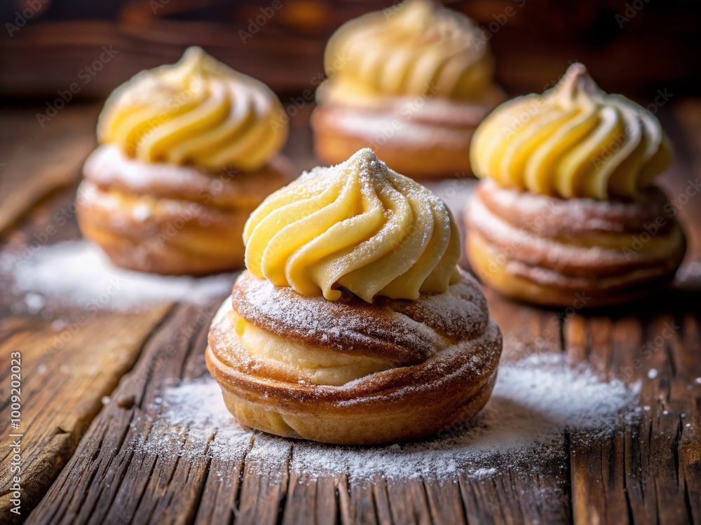 Delicious Zeppola Pastry with Cream Filling and Powdered Sugar on Rustic Wooden Background Delicious Zeppola Pastry with Cream Filling and Powdered Sugar on Rustic Wooden Background