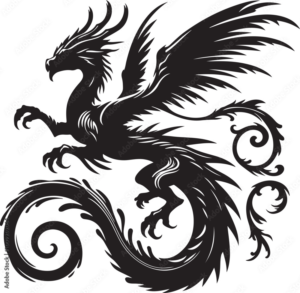 Dragon mythical creature silhouette vector illustration on white background Dragon mythical creature silhouette vector illustration on white background