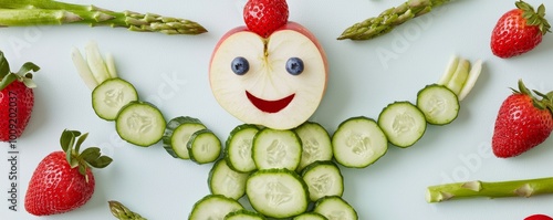 A body-shaped figure with arms made of cucumber slices, legs from asparagus, and a head designed from an apple with blueberry eyes and a strawberry nose. photo