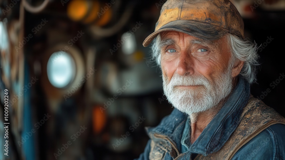 portrait of an old dry dock worker showcasing rugged details and textures capturing the essence of hard labor and experience against a backdrop of industrial settings portrait of an old dry dock worker showcasing rugged details and textures capturing the essence of hard labor and experience against a backdrop of industrial settings