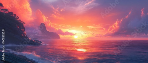 Create a high-resolution, detailed wallpaper of a sunset over the ocean, with warm oranges and pinks filling the sky. 