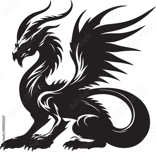 Dragon mythical creature silhouette vector illustration on white background