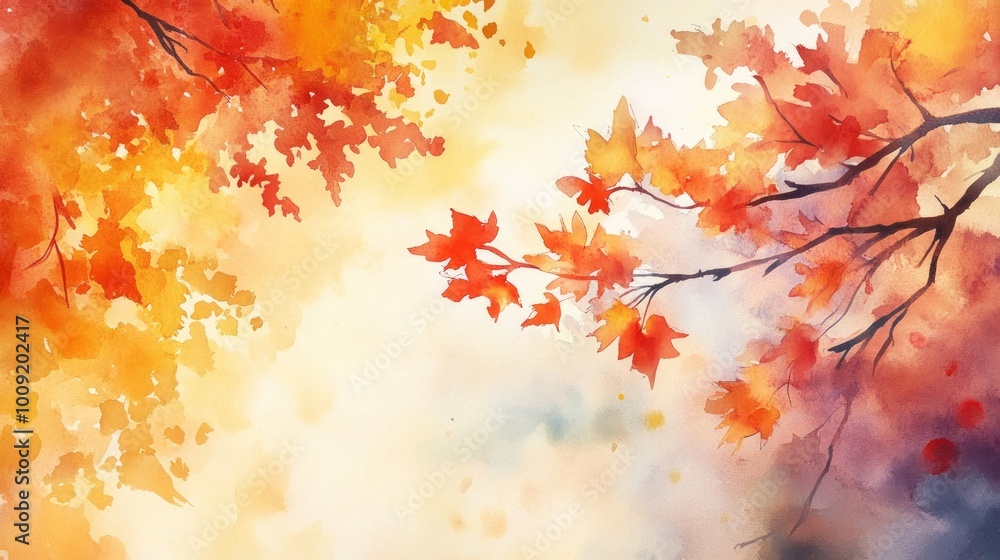 Watercolor painting of autumn leaves in vibrant hues of red, orange, and yellow against a soft, blurred background. Watercolor painting of autumn leaves in vibrant hues of red, orange, and yellow against a soft, blurred background.