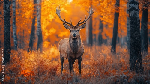 Majestic Red Deer Buck in Autumn Forest