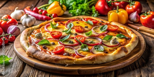 Deliciously Melted Cheese Pizza Freshly Baked with Toppings on a Rustic Wooden Table Background