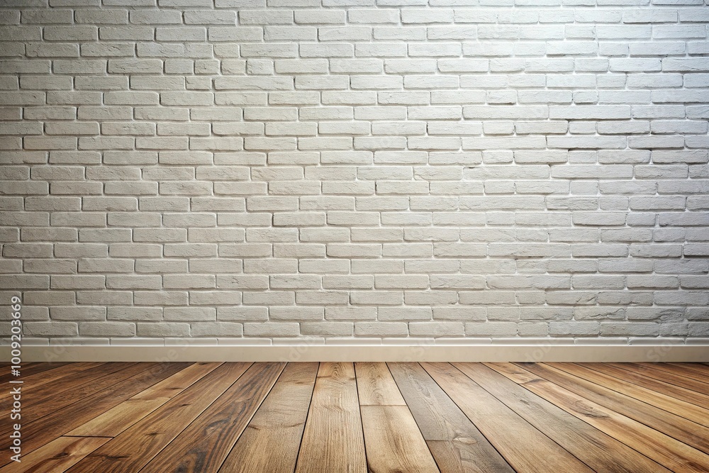 Empty white brick wall and wooden floor with sunlight shining through window Empty white brick wall and wooden floor with sunlight shining through window