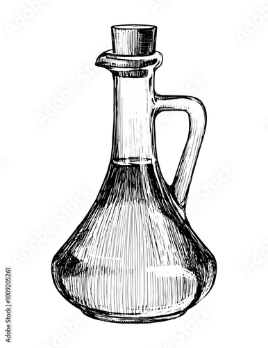 Glass Jug with handle and liquid ink drawing. Vessel with oil, flask with chemical solution sketch, witch potion hand drawing. Vector illustration.