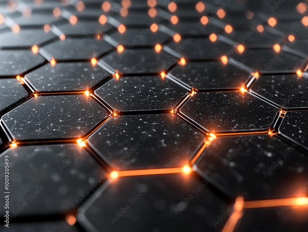 Futuristic hexagonal pattern with glowing orange lights on dark surface ...