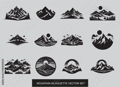 Hand drawn mountain shilhoette illustration.