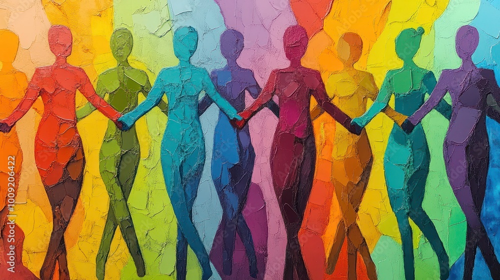 Colorful abstract figures holding hands, symbolizing cooperation and unity in a vibrant community Colorful abstract figures holding hands, symbolizing cooperation and unity in a vibrant community