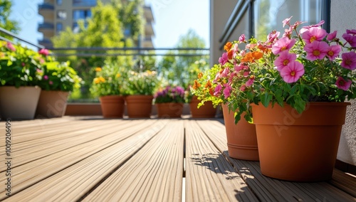 Wallpaper Mural Wooden Terrace with Beautiful Flower Pots in the Background of an Apartment on a Sunny Summer Day Torontodigital.ca