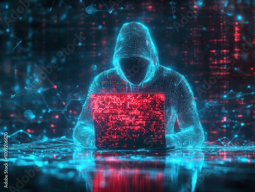 Cybercriminal hacking with laptop in futuristic digital environment