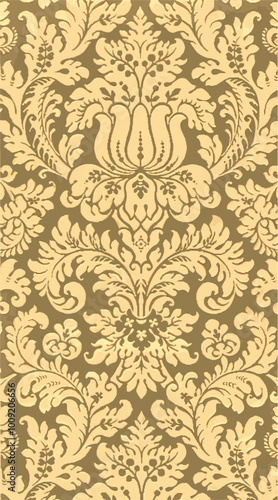  intricate gold floral wallpaper pattern on a brown background.