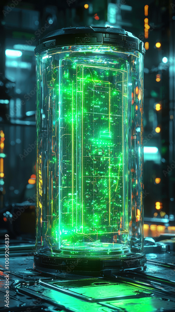futuristic green energy core is displayed in transparent cylindrical chamber, surrounded by high tech environment filled with glowing lights and intricate machinery. vibrant green glow emanates from futuristic green energy core is displayed in transparent cylindrical chamber, surrounded by high tech environment filled with glowing lights and intricate machinery. vibrant green glow emanates from