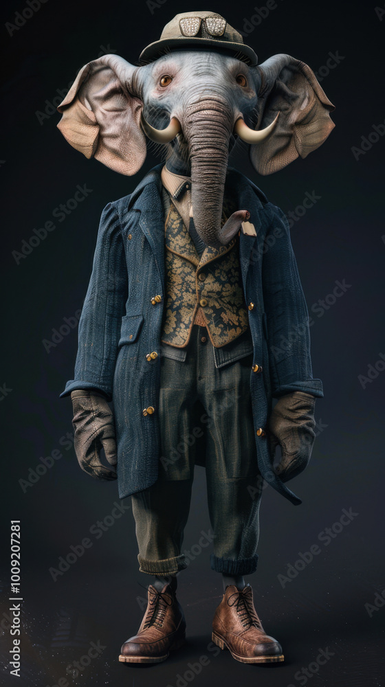 A humanoid elephant dressed in and wearing shoes A humanoid elephant dressed in and wearing shoes
