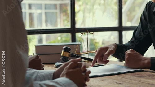 Lawyer explaining a contract to a businessman, leading to agreement and a handshake in a professional office setting