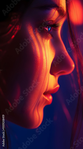 Digital Art Portrait of a Woman's Face with Blue Eyes and Striped Lighting