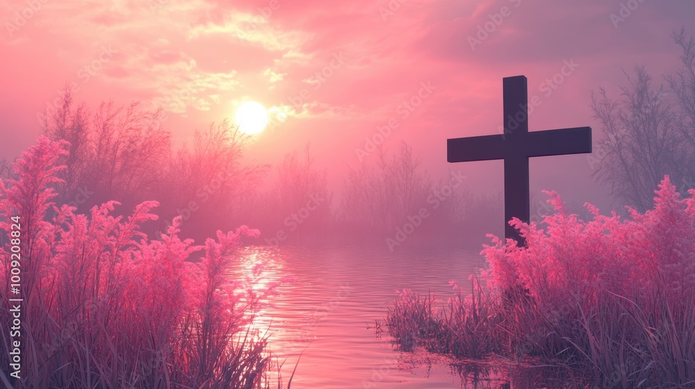 Serene Ocean View with Cross and Vibrant Flowers Serene Ocean View with Cross and Vibrant Flowers