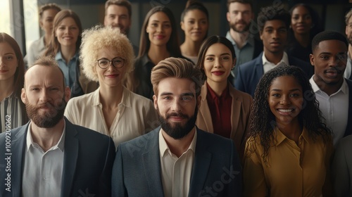 Diverse group of people from different backgrounds and ethnicities in a modern office happy at work, smiling multiethnic corporate men and women executives, diversity and inclusivity concept
