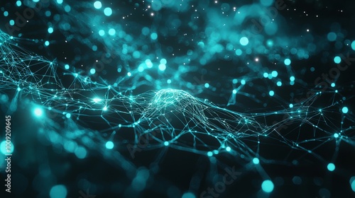 Digital backdrop with glowing turquoise neural network connections, symbolizing artificial intelligence and complex data systems