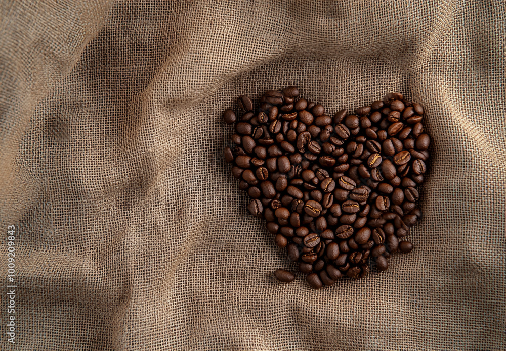 A heart-shaped arrangement made of coffee beans on a burlap background. A heart-shaped arrangement made of coffee beans on a burlap background.