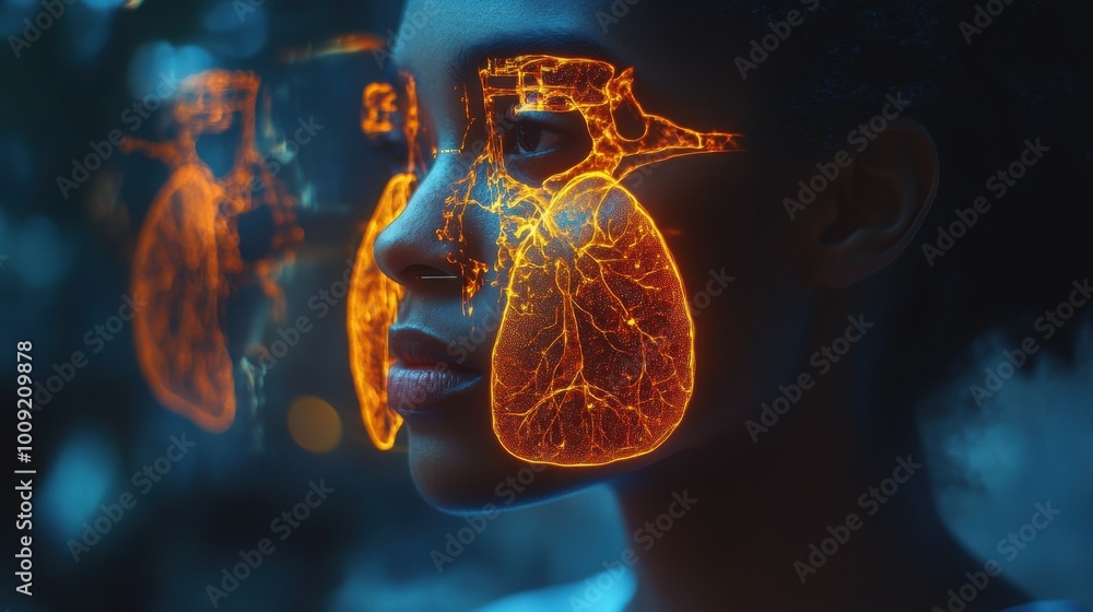 Fototapeta premium A woman's face with glowing orange anatomical structures, resembling a heart and lungs, superimposed on her skin.