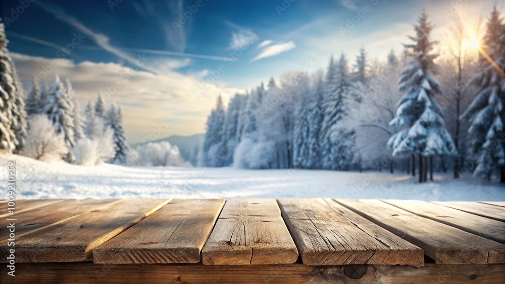 Empty wooden table with snowy landscape background Empty wooden table with snowy landscape background