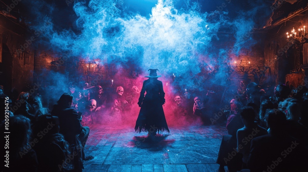 Fototapeta premium Mysterious figure in a foggy, atmospheric gathering