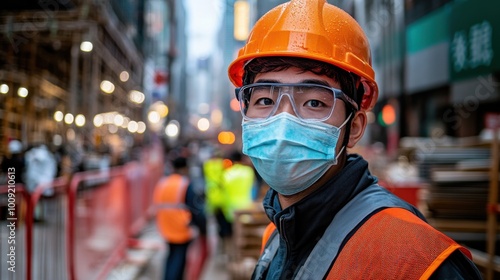 Constructor in Protective Gear at Urban Construction Site