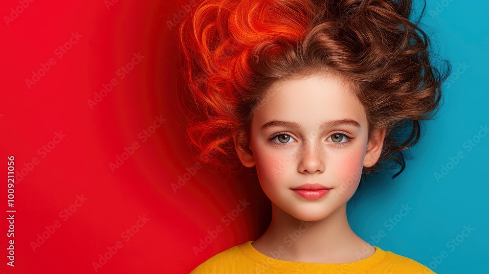 Φωτογραφία Portrait of a young girl with red and brown hair on a blue and red background