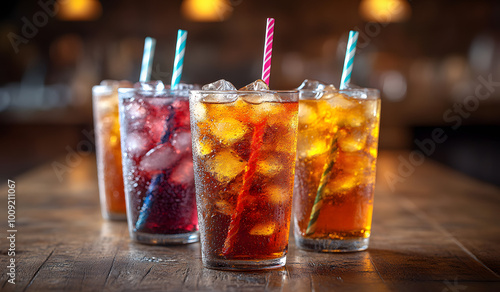 A vibrant and colorful photo featuring a variety of glasses filled with different soda drinks, showcasing an array of refreshing beverages, including sparkling, fruity, and traditional sodas, beautifu