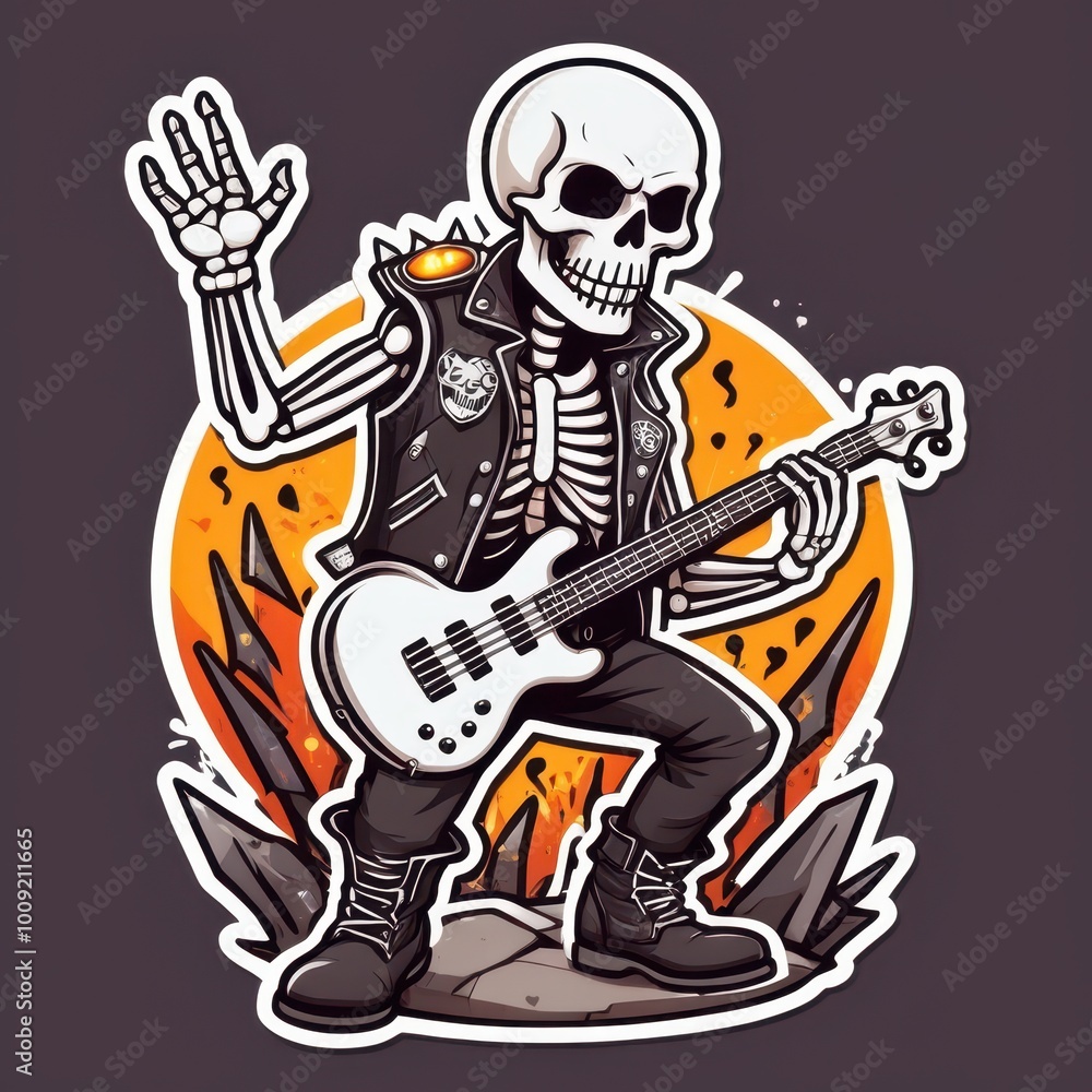 A cool skeleton guitarist, dressed in a leather vest and boots, shreds on an orange electric guitar, combining rock-and-roll attitude with a spooky Halloween vibe A cool skeleton guitarist, dressed in a leather vest and boots, shreds on an orange electric guitar, combining rock-and-roll attitude with a spooky Halloween vibe