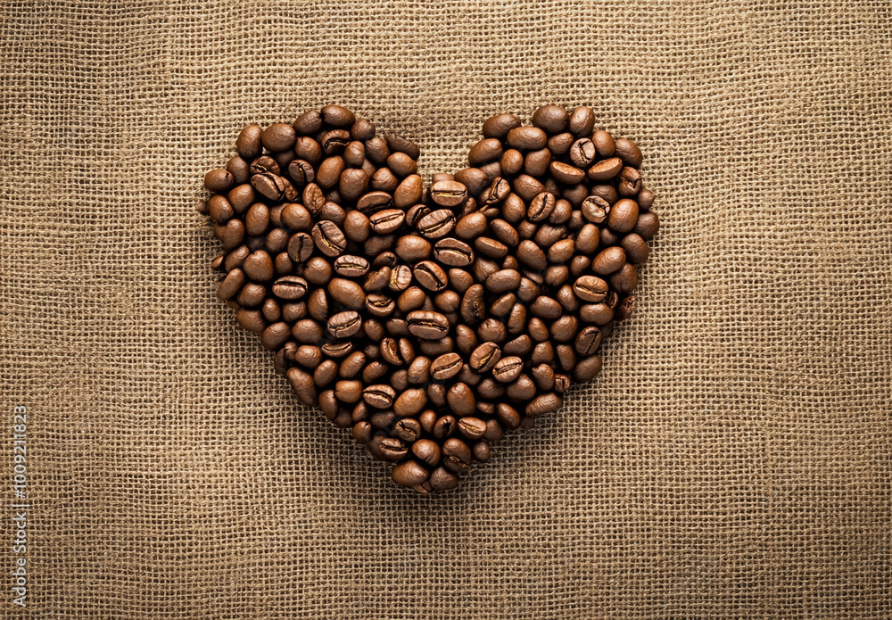 A heart-shaped arrangement made of coffee beans on a burlap background. A heart-shaped arrangement made of coffee beans on a burlap background.
