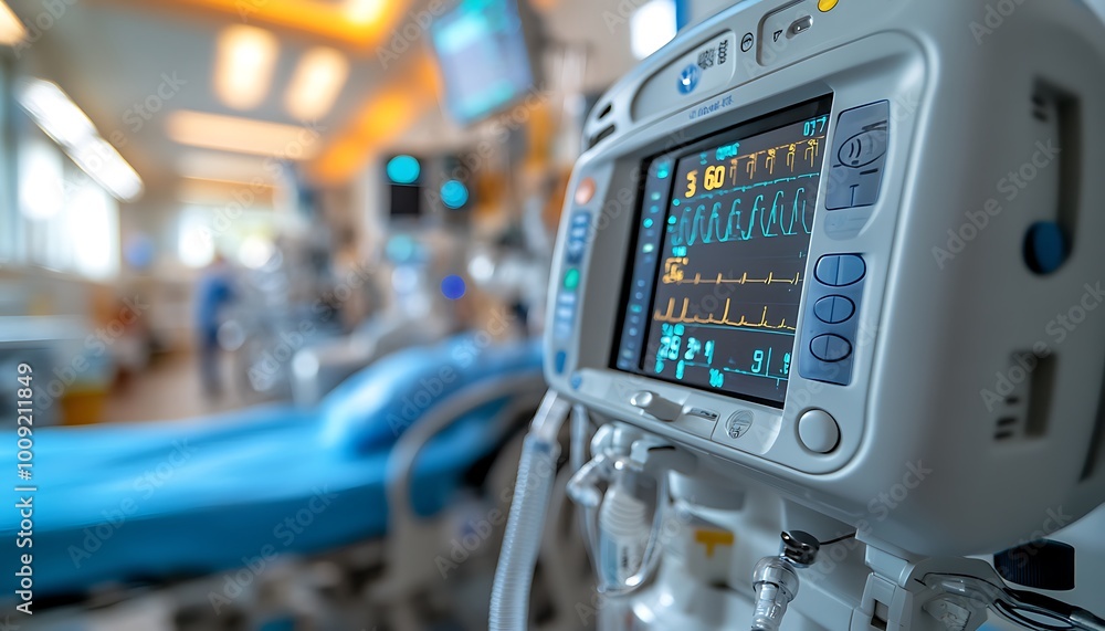 Ventilator in Intensive Care Unit with Tubes and Digital Screen Ventilator in Intensive Care Unit with Tubes and Digital Screen