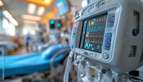 Ventilator in Intensive Care Unit with Tubes and Digital Screen