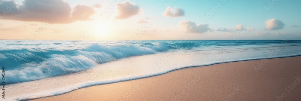 Sandy beach stretching into the ocean, gentle waves caressing the shore, distant waterline softly blurred, tranquil coastal scene Sandy beach stretching into the ocean, gentle waves caressing the shore, distant waterline softly blurred, tranquil coastal scene