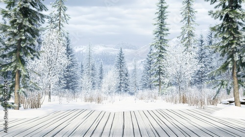 The scene is a scenic winter landscape with a copy space. Wooden flooring is scattered with snow in a forest with fir trees engulfed in white snow.  